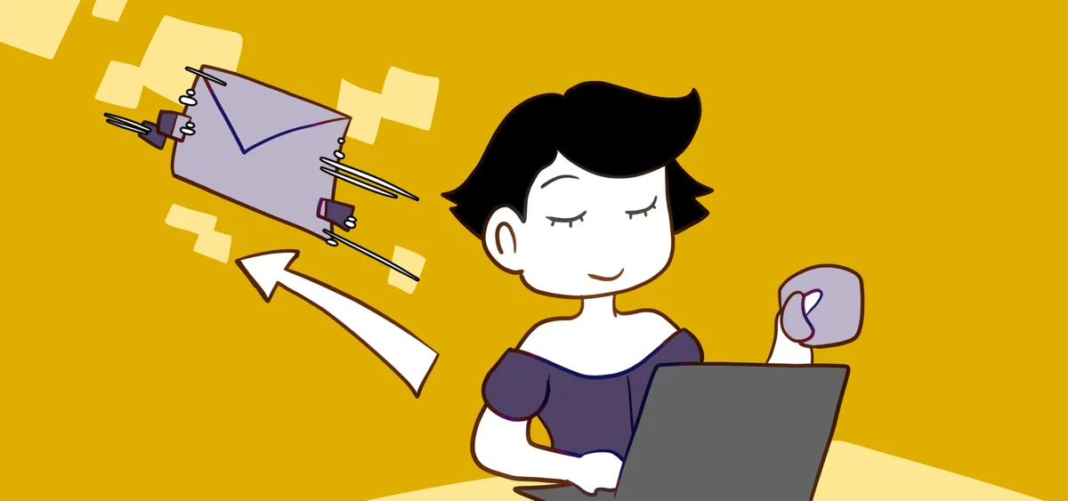 Sketchnote: Ein Brief fliegt mit Drohnenrotoren los, eine Frau trinkt entspannt Kaffee am Laptop