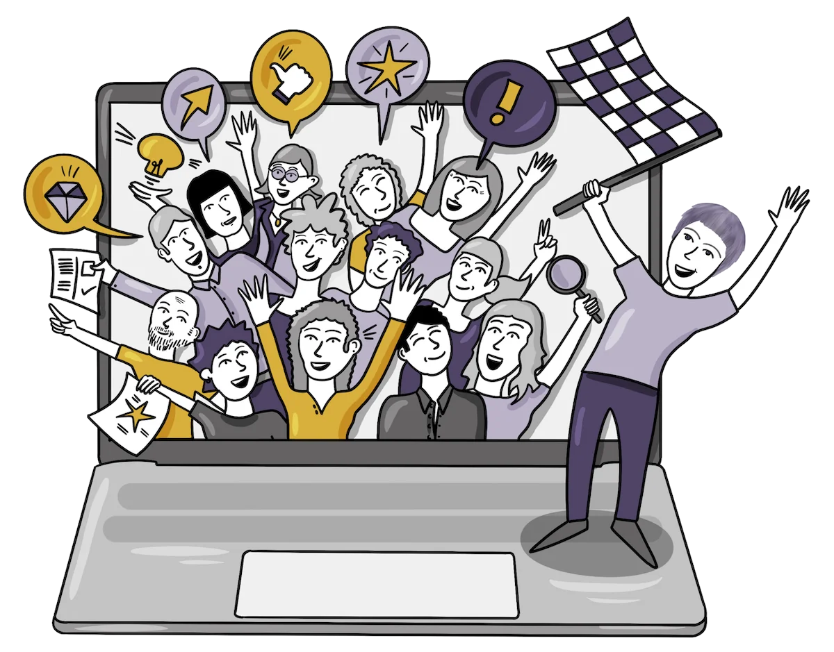 Sketchnote: Viele Menschen jubeln aus einem Laptop heraus