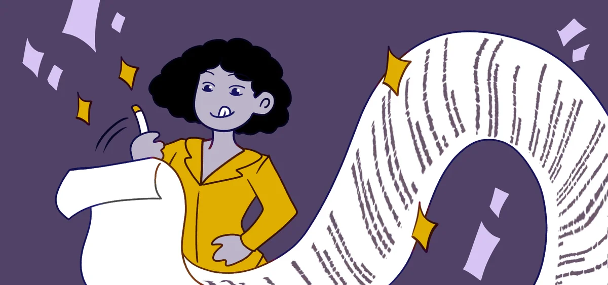Sketchnote: Eine Frau im gelben Jackett hält eine lange beschriebene Schriftrolle