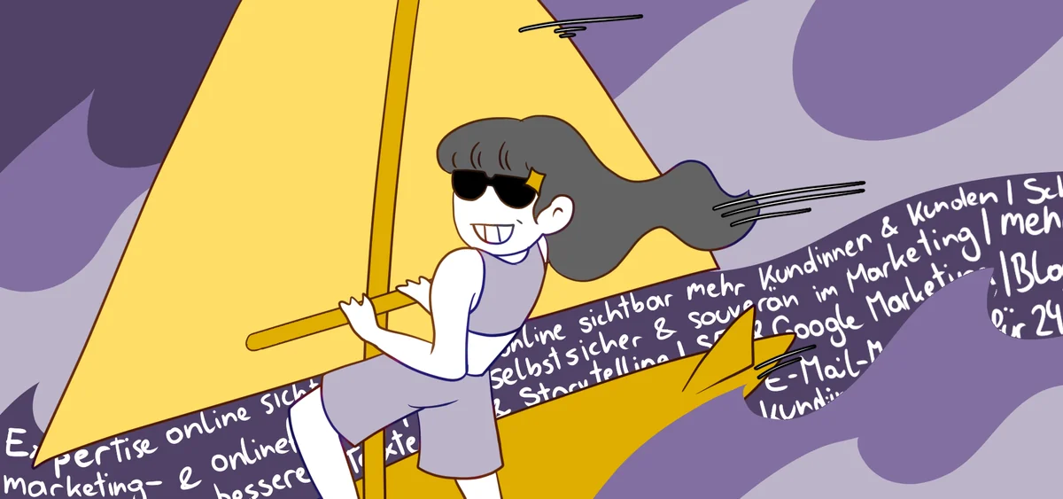 Sketchnote: Eine Frau mit Sonnenbrille surft auf einer Welle aus Marketing-Begriffen